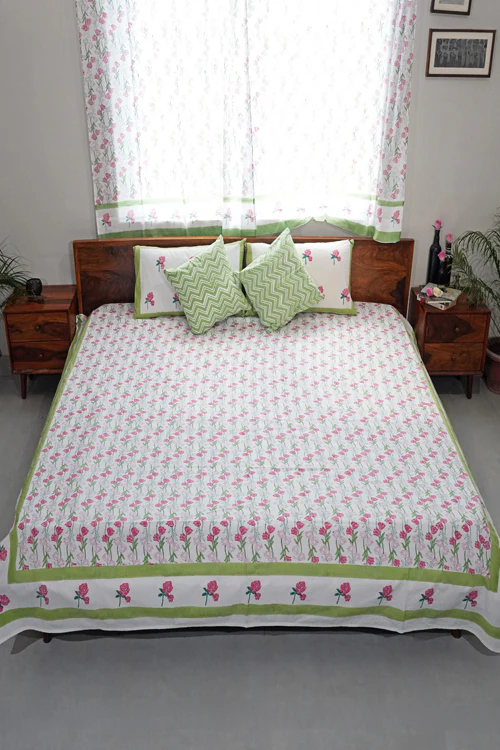Sooti Syahi Blooming Meadow Hand Block Printed Cotton Percale Bedsheet - Image 6