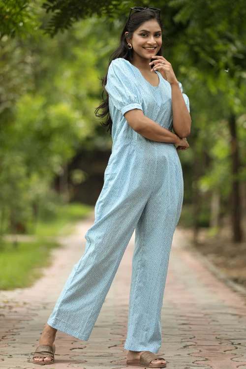 Sooti Syahi Blue Bee Hive Hand Block Printed Jumpsuit