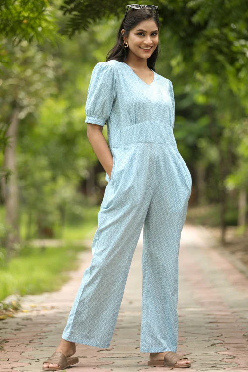 Sooti Syahi Blue Bee Hive Hand Block Printed Jumpsuit - Image 2