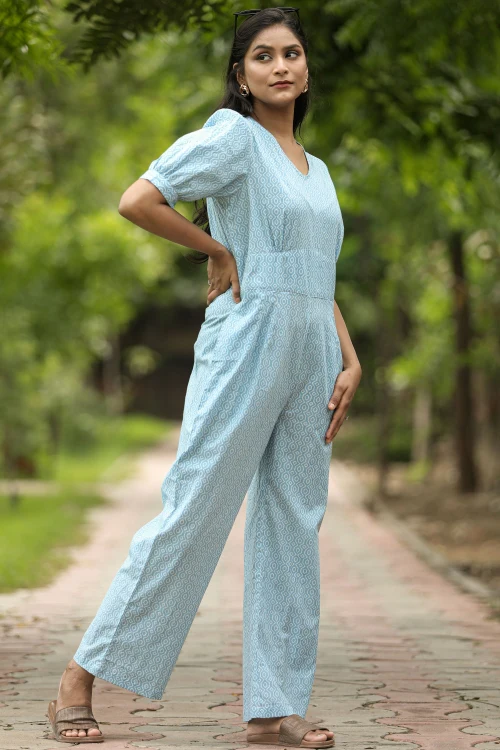 Sooti Syahi Blue Bee Hive Hand Block Printed Jumpsuit - Image 4