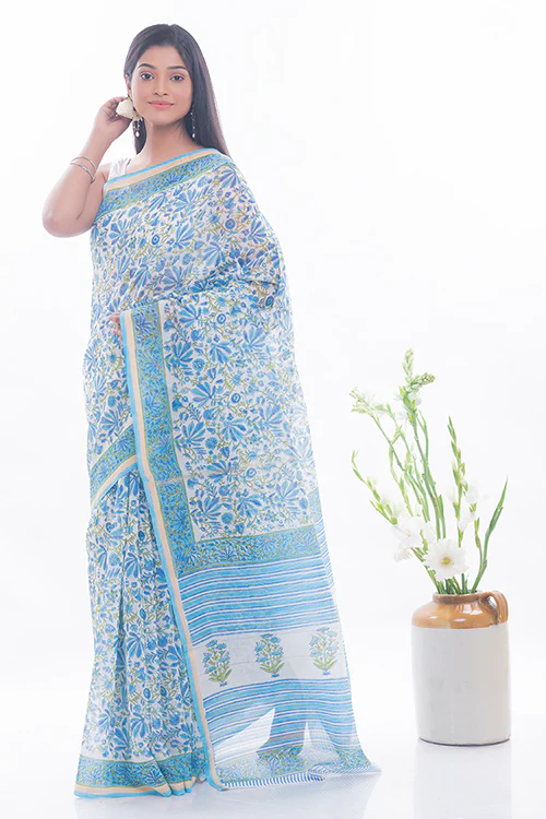 TICH Summer Florals. Sanganeri Block Printed Chanderi Saree - Blue Flora