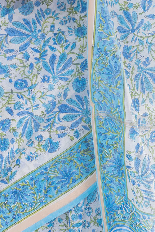 TICH Summer Florals. Sanganeri Block Printed Chanderi Saree - Blue Flora - Image 2