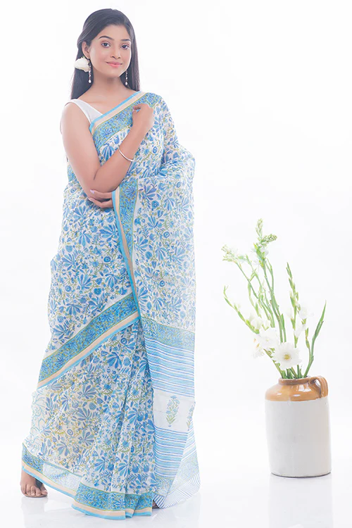 TICH Summer Florals. Sanganeri Block Printed Chanderi Saree - Blue Flora - Image 4