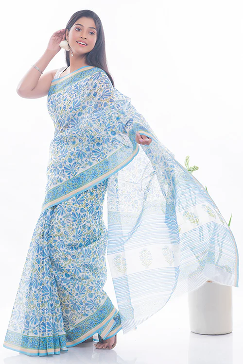 TICH Summer Florals. Sanganeri Block Printed Chanderi Saree - Blue Flora - Image 5