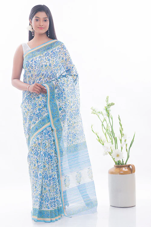 TICH Summer Florals. Sanganeri Block Printed Chanderi Saree - Blue Flora - Image 6