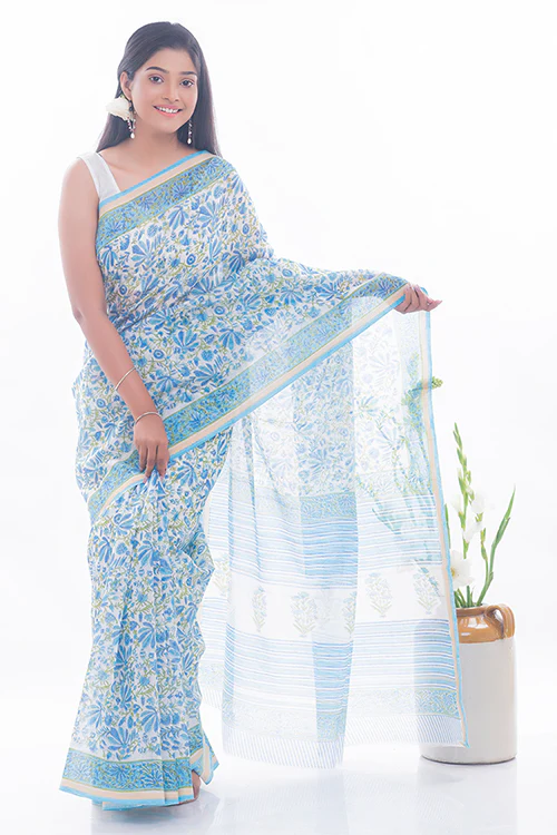 TICH Summer Florals. Sanganeri Block Printed Chanderi Saree - Blue Flora - Image 7