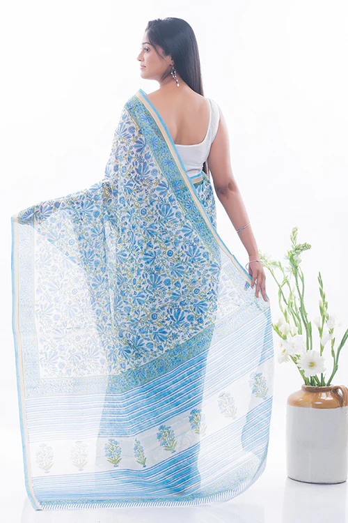 TICH Summer Florals. Sanganeri Block Printed Chanderi Saree - Blue Flora - Image 8