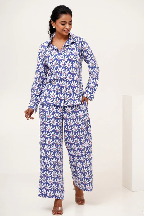 Sooti Syahi Blue Petal Hand Block Printed Co-Ord Set