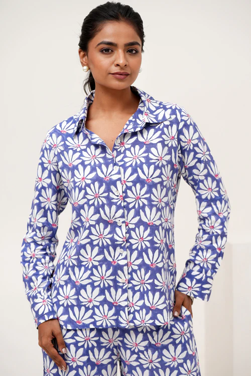 Sooti Syahi Blue Petal Hand Block Printed Co-Ord Set - Image 3