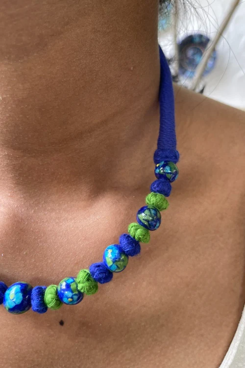 Blue Pottery Handcrafted Beaded Blue Necklace - Image 3