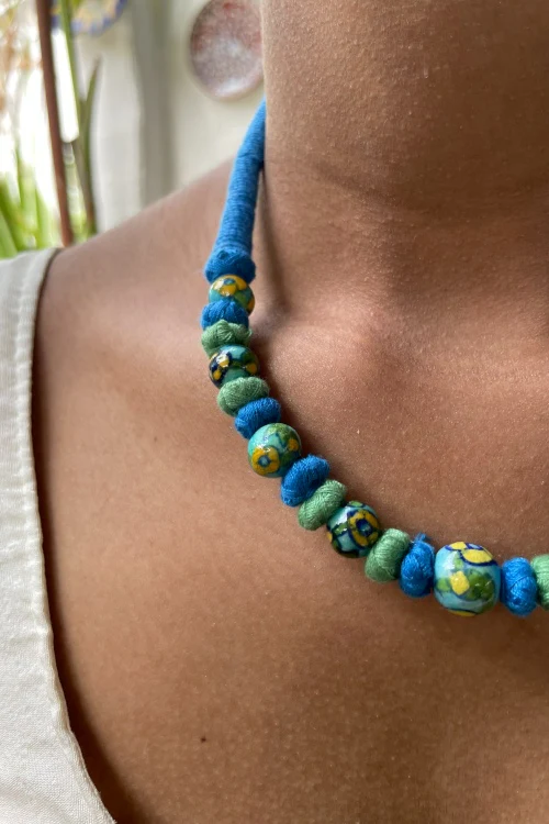 Blue Pottery Handcrafted Beaded Light Blue Necklace - Image 2