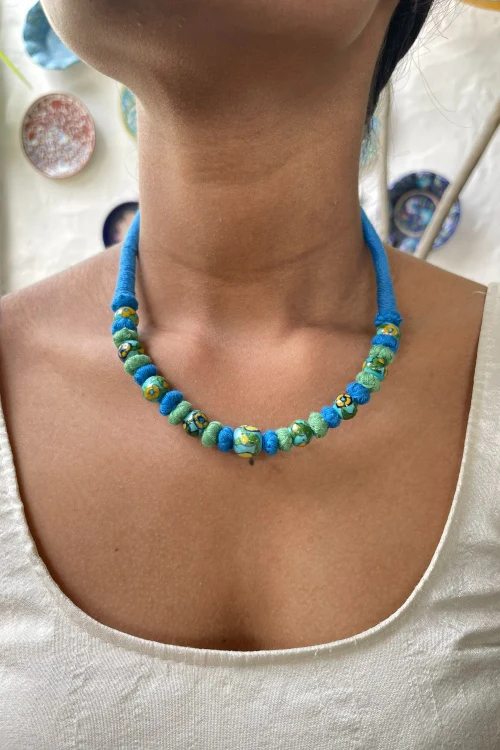 Blue Pottery Handcrafted Beaded Light Blue Necklace - Image 3