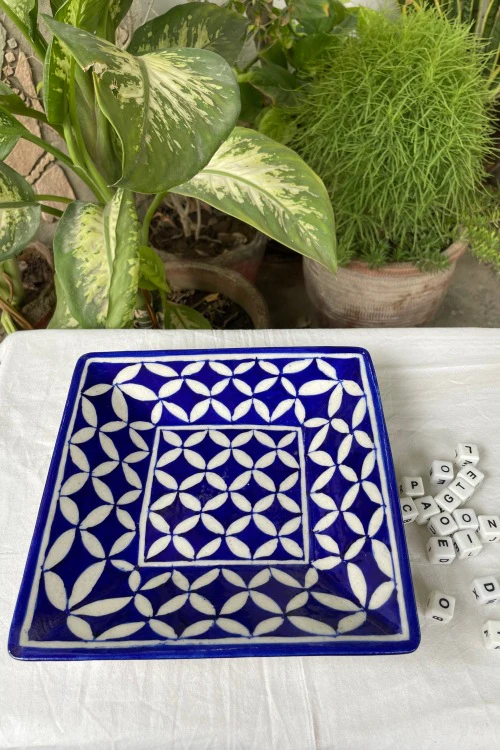 Blue Pottery Handcrafted Geometric Arch Blue Square Tray - Image 3