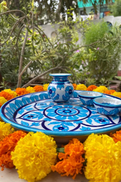 Blue Pottery Handcrafted Pooja Thali Light Blue And White - Image 2