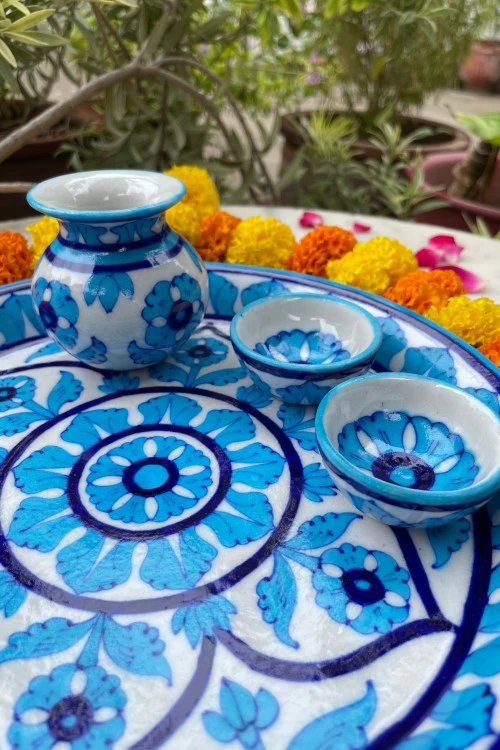 Blue Pottery Handcrafted Pooja Thali Light Blue And White - Image 3