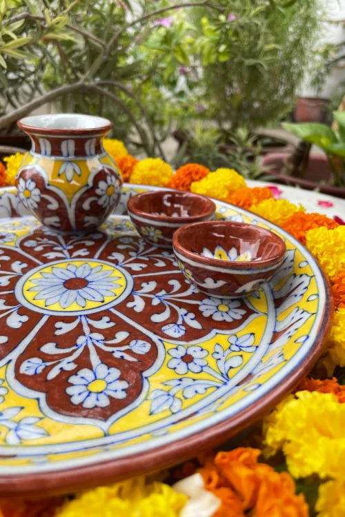 Blue Pottery Handcrafted Pooja Thali Red And Yellow - Image 3
