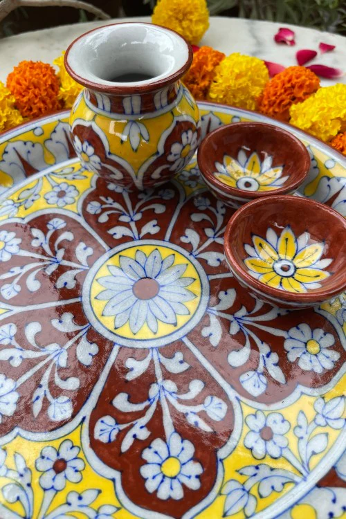 Blue Pottery Handcrafted Pooja Thali Red And Yellow - Image 4