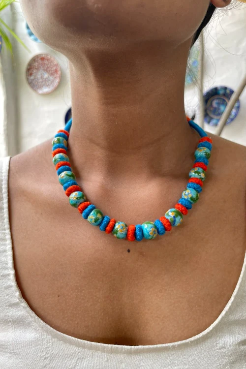 Blue Pottery Handcrafted Round Beaded Light Blue ,Orange Necklace - Image 3