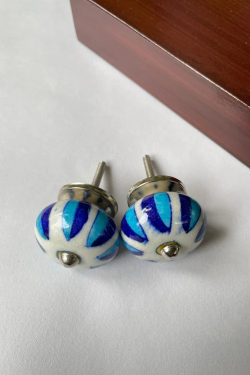 Blue Pottery Handcrafted Round Blue And White Flower Door Knobs (Set Of 2) - Image 3