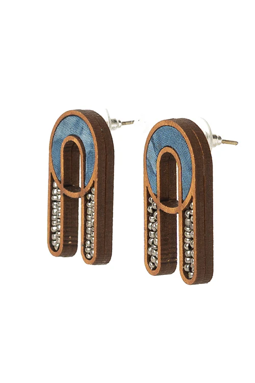 Whe Blue Repurposed fabric and wood earring - Image 5
