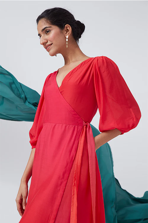 Okhai 'Bougainvillea Hues' Ombre V-Neck Modal Silk Wrap Dress - Image 3