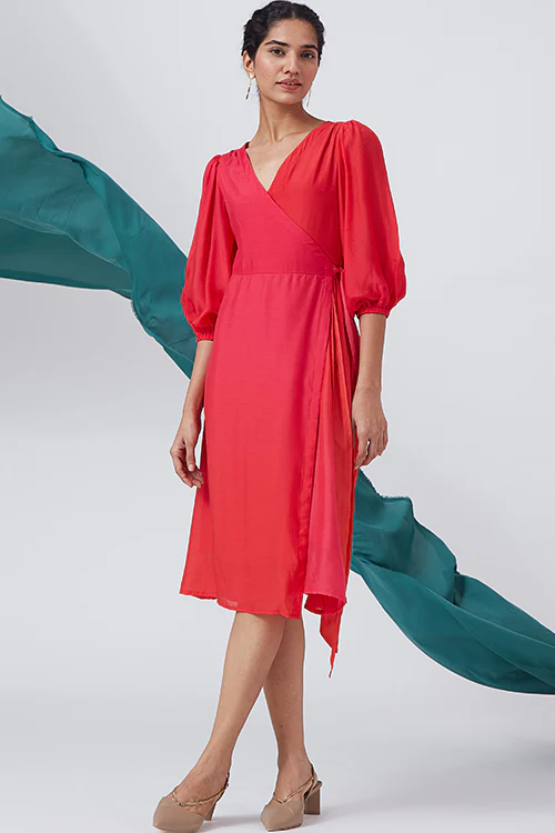 Okhai 'Bougainvillea Hues' Ombre V-Neck Modal Silk Wrap Dress - Image 4