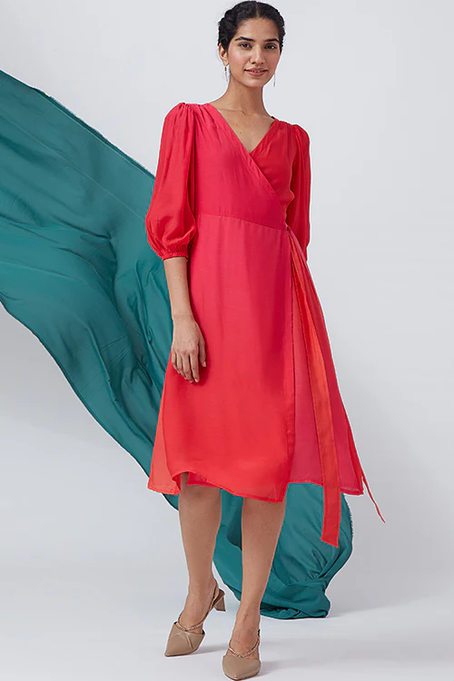 Okhai 'Bougainvillea Hues' Ombre V-Neck Modal Silk Wrap Dress - Image 5