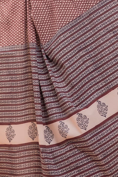 TICH Summer Classics. Bagru Block Printed Mulmul Cotton Saree - Brown Buds - Image 2