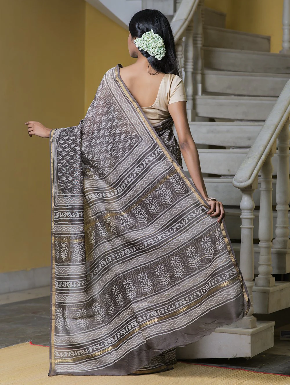 TICH  Bagru Block Printed Chanderi Saree - Bud (With Blouse Piece) - Image 3