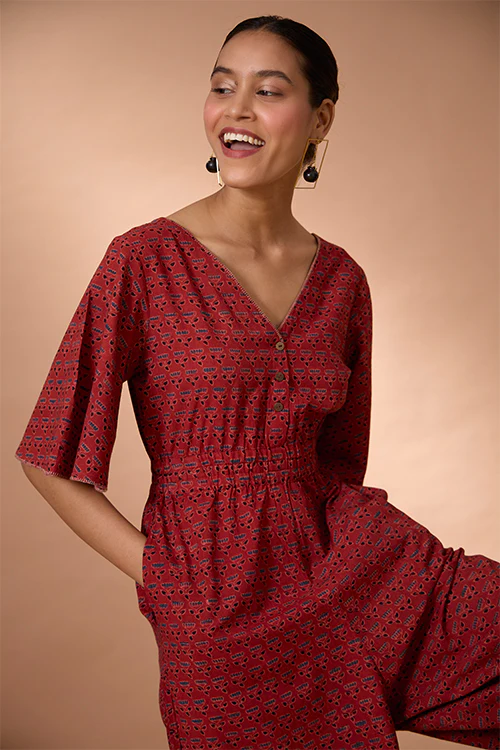 Okhai "Burnt Copper" Handblock Printed Ajrakh Pure Cotton Half-Sleeved Jumpsuit - Image 10