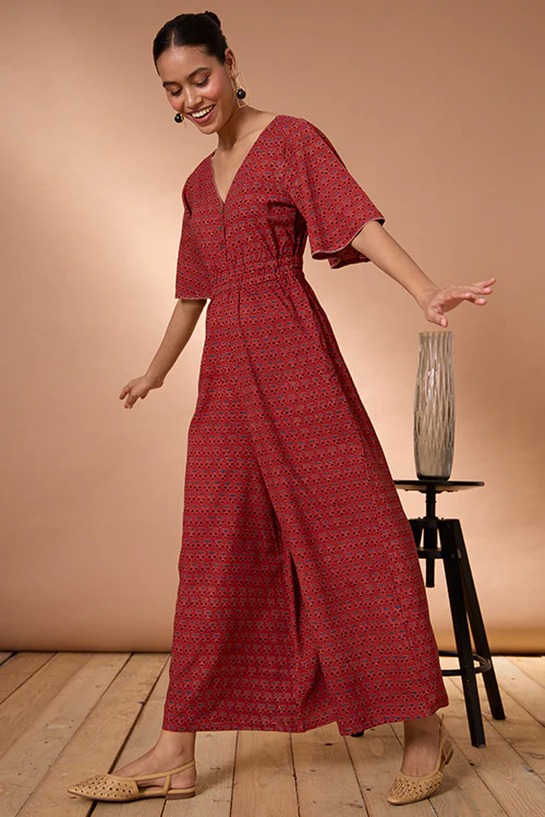 Okhai "Burnt Copper" Handblock Printed Ajrakh Pure Cotton Half-Sleeved Jumpsuit - Image 11
