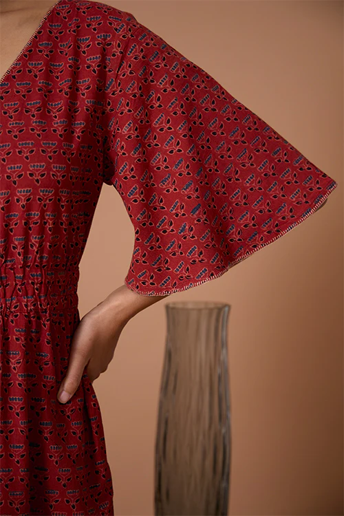 Okhai "Burnt Copper" Handblock Printed Ajrakh Pure Cotton Half-Sleeved Jumpsuit - Image 2