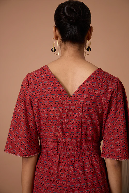 Okhai "Burnt Copper" Handblock Printed Ajrakh Pure Cotton Half-Sleeved Jumpsuit - Image 6