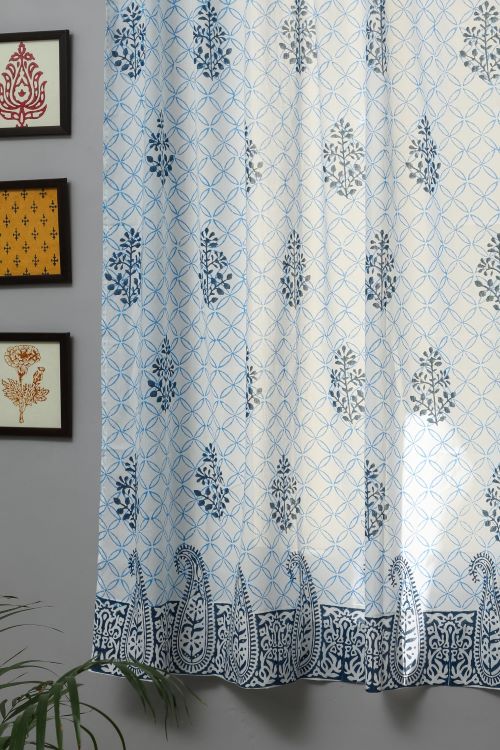 Sooti Syahi Cabbean Blue Hand Block Printed Window Curtain - Image 2