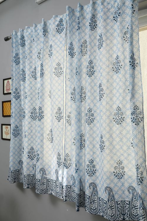Sooti Syahi Cabbean Blue Hand Block Printed Window Curtain - Image 3
