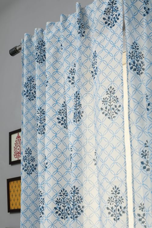 Sooti Syahi Cabbean Blue Hand Block Printed Window Curtain - Image 4
