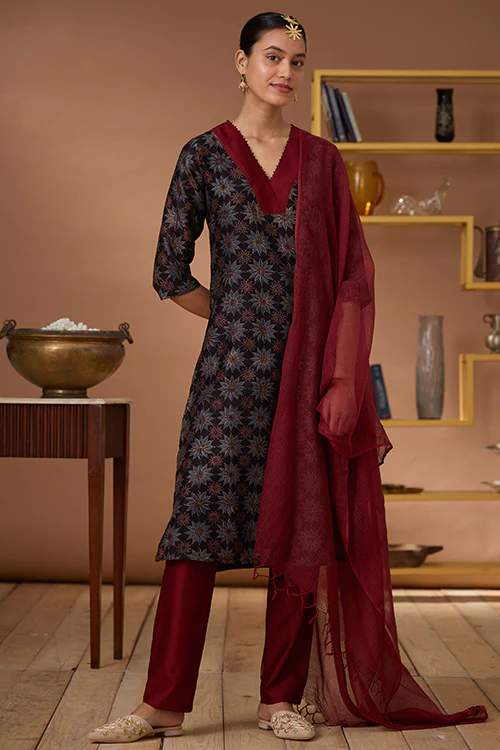 Okhai "Carnelian" Handblock Printed Chanderi Silk Ajrakh Kurta Pant Set - Image 3