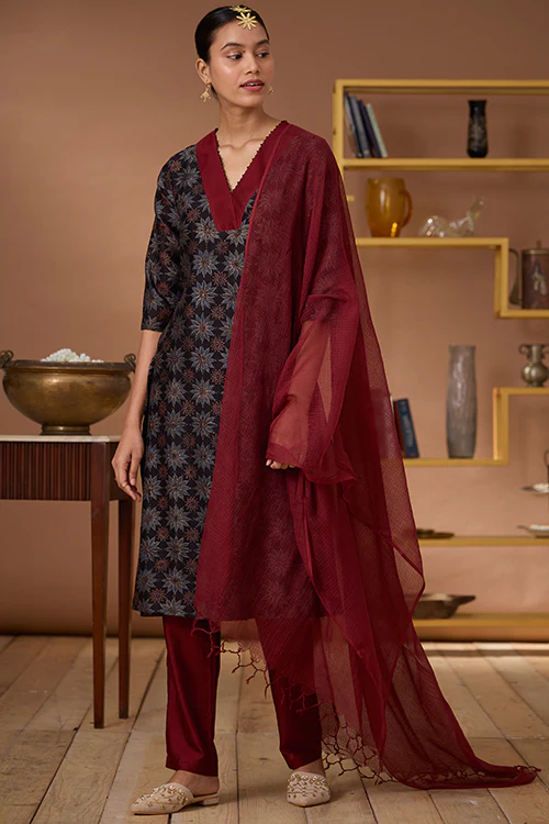 Okhai "Carnelian" Handblock Printed Chanderi Silk Ajrakh Kurta Pant Set - Image 6