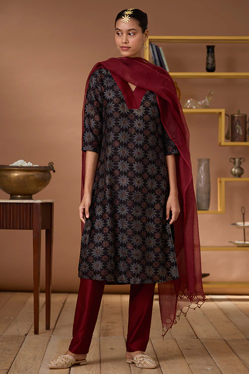 Okhai "Carnelian" Handblock Printed Chanderi Silk Ajrakh Kurta Pant Set - Image 7