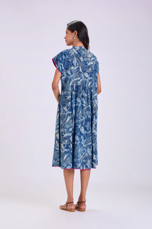 Rangsutra Chaaya Indigo Block Printed Dress With Cap Sleeves - Image 5
