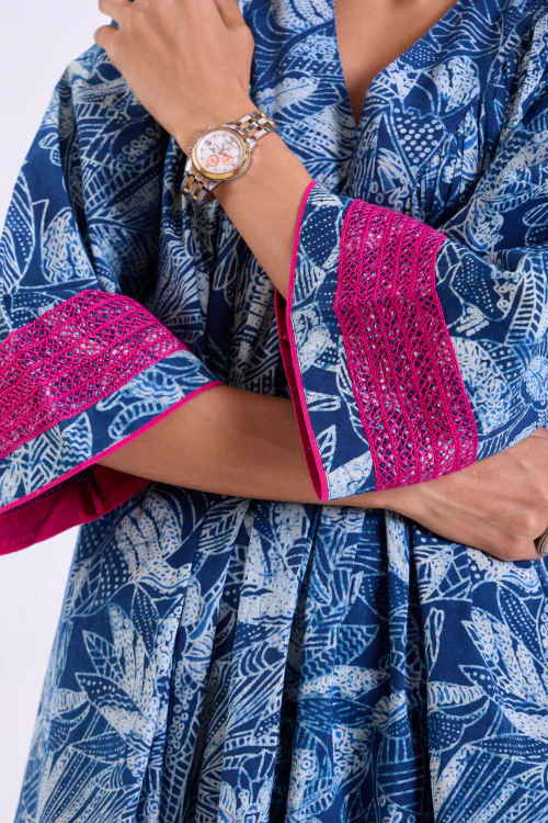 Rangsutra Chaaya Indigo Block Printed Dress With Flared Sleeves - Image 3