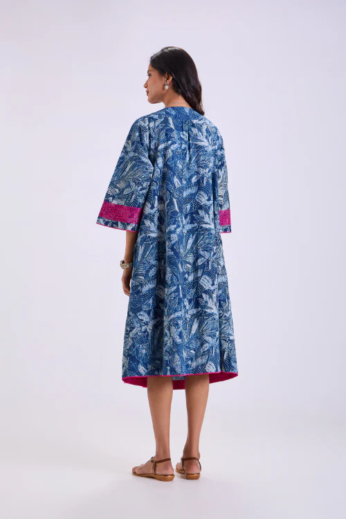Rangsutra Chaaya Indigo Block Printed Dress With Flared Sleeves - Image 4