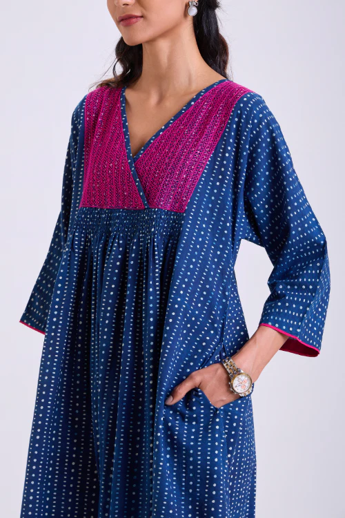 Rangsutra Chaaya Indigo Block Printed Dress With Kimono Sleeves - Image 2