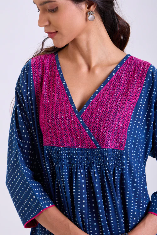 Rangsutra Chaaya Indigo Block Printed Dress With Kimono Sleeves - Image 3