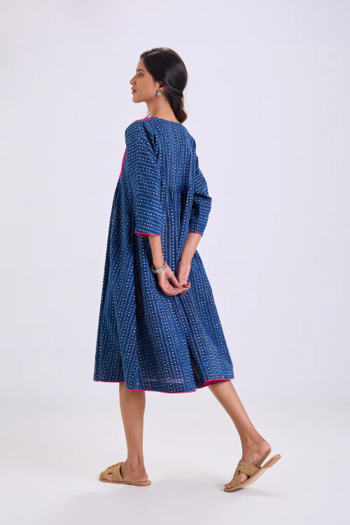 Rangsutra Chaaya Indigo Block Printed Dress With Kimono Sleeves - Image 4