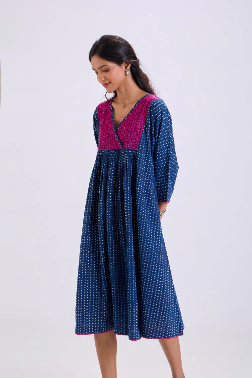 Rangsutra Chaaya Indigo Block Printed Dress With Kimono Sleeves - Image 5