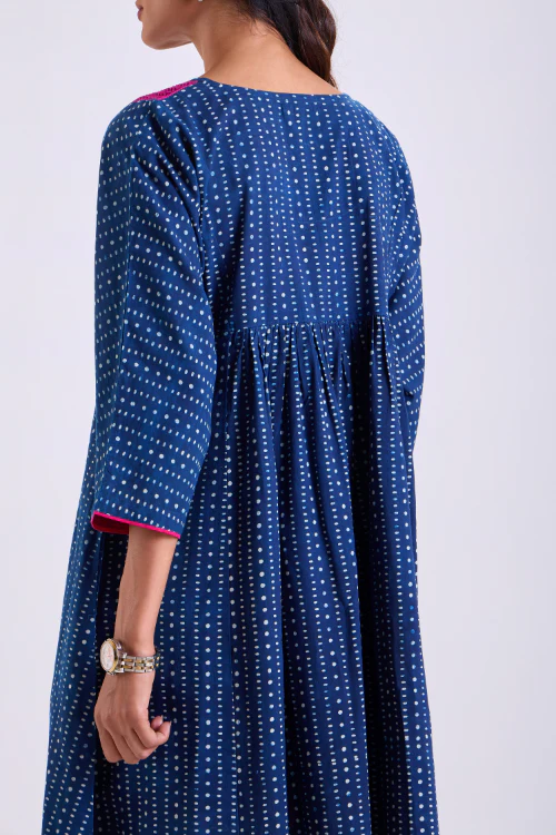 Rangsutra Chaaya Indigo Block Printed Dress With Kimono Sleeves - Image 6