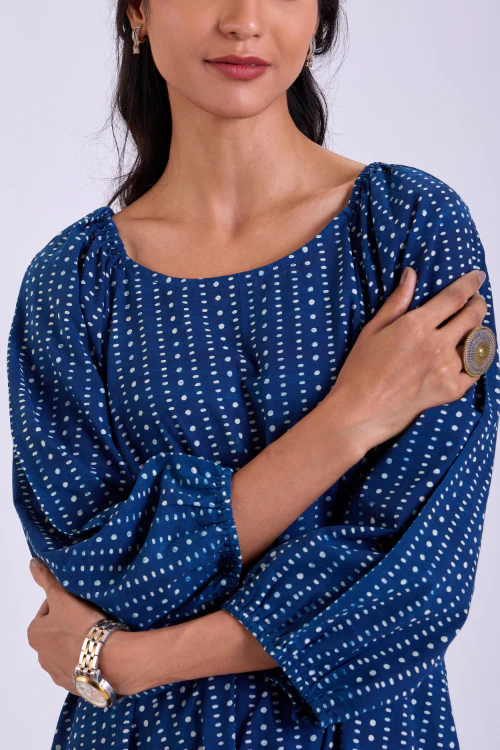 Rangsutra Chaaya Indigo Block Printed Dress With Raglan Sleeves - Image 6