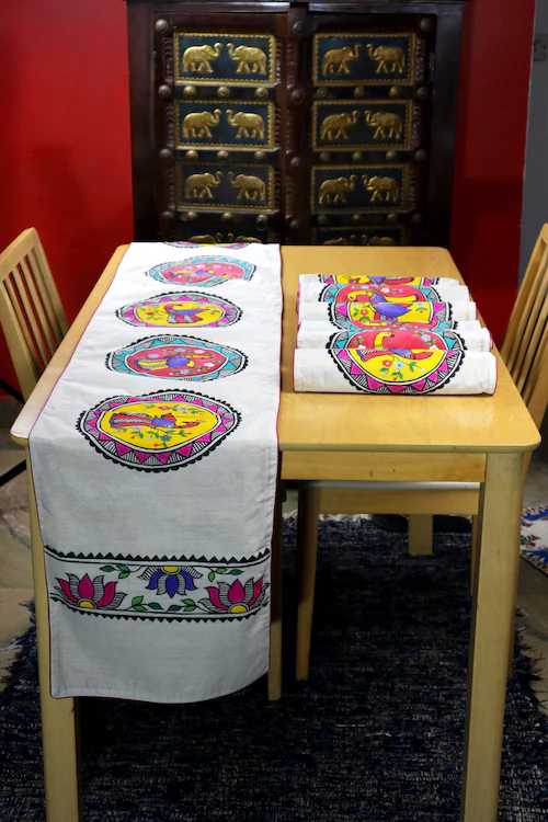 Diorama Designs Chanderi Silk Handpainted Madhubani Peacock Table Runner & Mats - Image 3