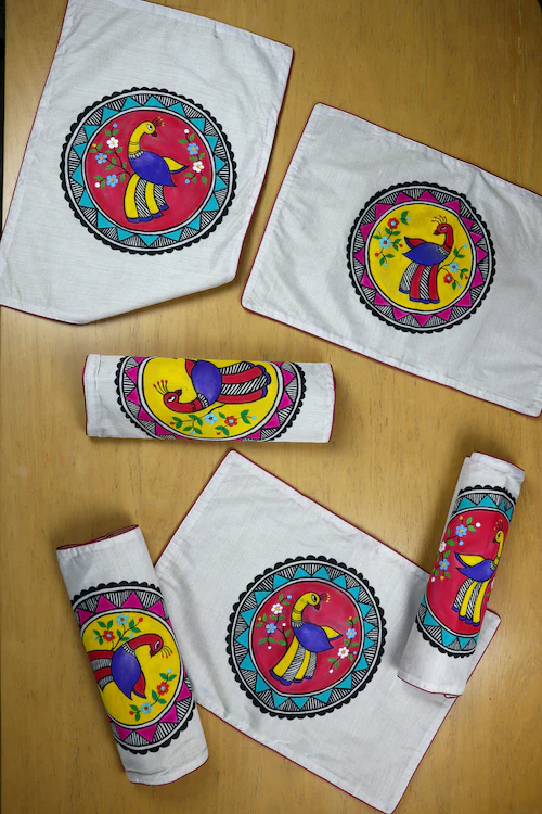 Diorama Designs Chanderi Silk Handpainted Madhubani Peacock Table Runner & Mats - Image 4